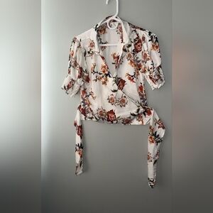 Chic Floral Wrap Blouse - Cream and Red
